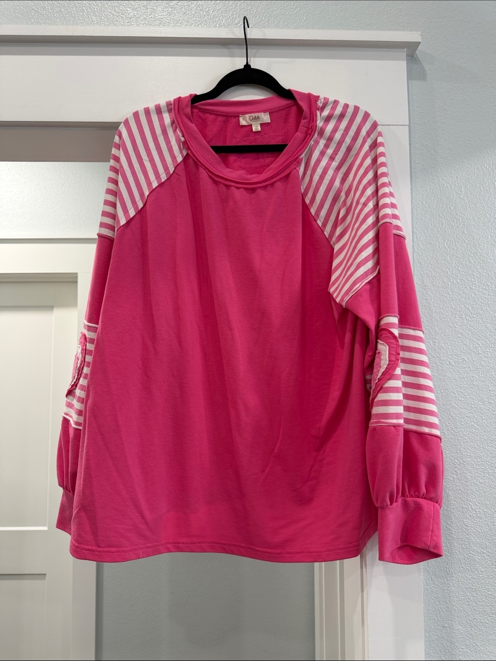 Pink Striped Raglan Sleeve Pullover Hoodie